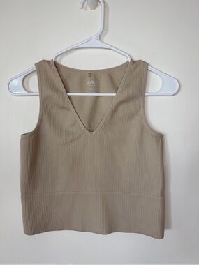 J.O. & Co Beige Ribbed V-Neck Tank Top taupe short tank woman medium stretch